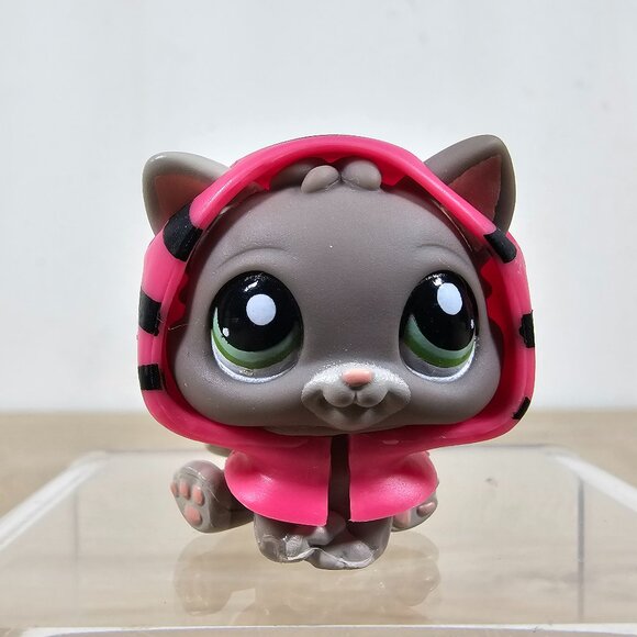 Hasbro Littlest Pet Shop #1607 Kitten Cat Gray Green Eyes Pink Hood Accessory - Picture 2 of 10